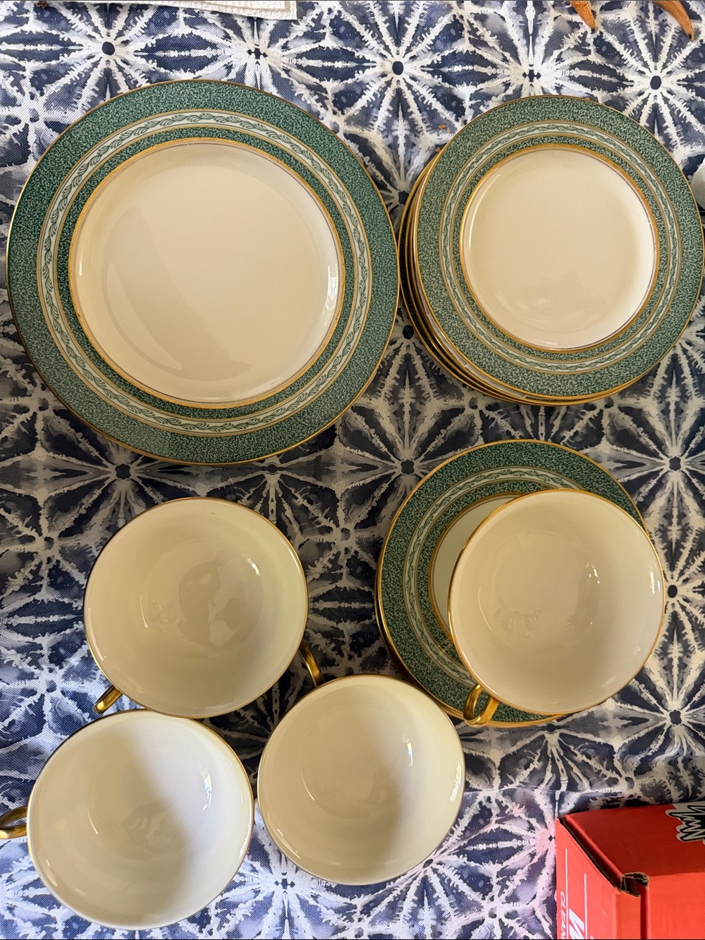 Antique Haviland Mosaic Pattern in Elegant Green and Gold Rimmed China set of 4